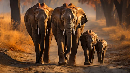 African Elephant Family Walking in Grassland