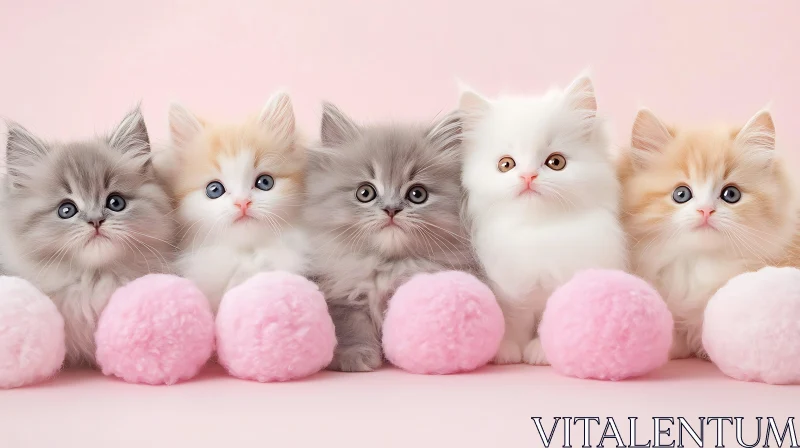 Cute Kittens with Pink Pom-Poms AI Image