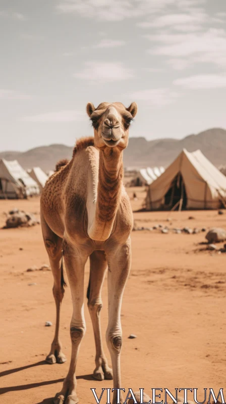 Camel and Tents in Desert - Emotive and Authentic Capture AI Image