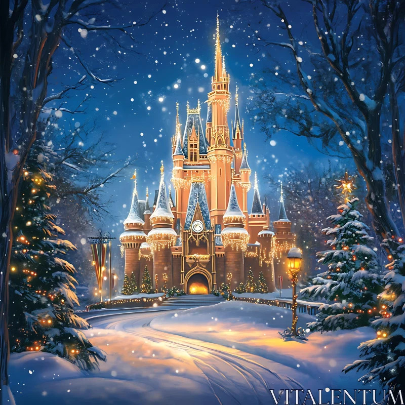 Illuminated Castle in Snowy Winter Night AI Image