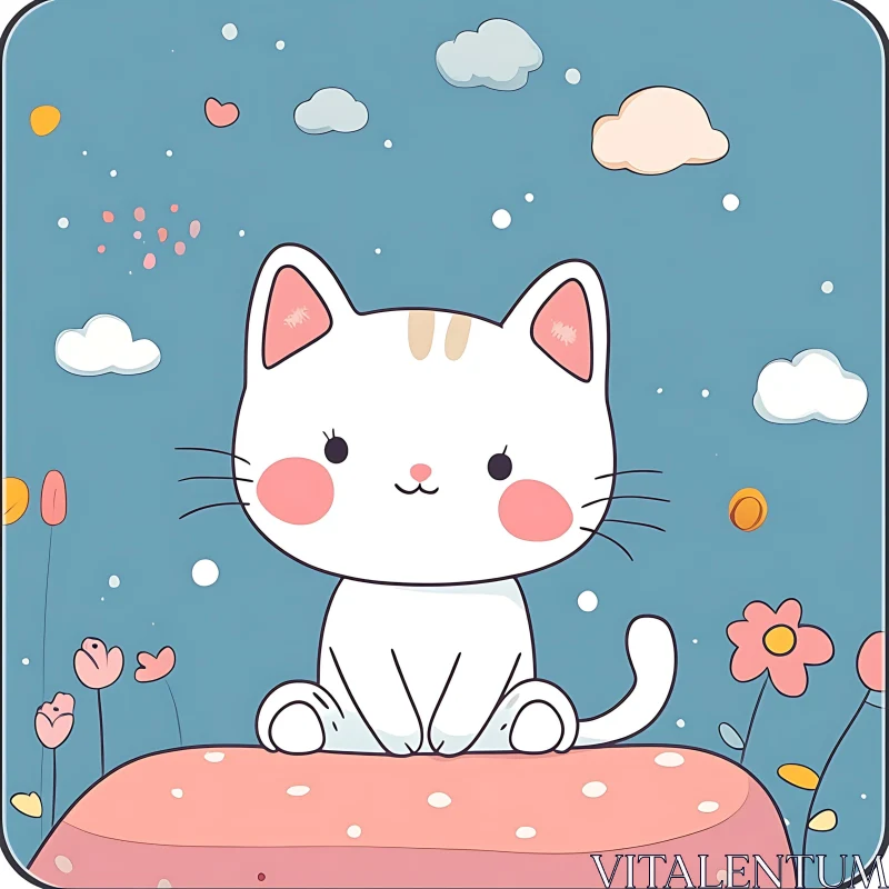 Cute Cartoon Cat with Flowers and Clouds AI Image