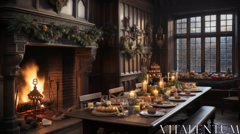 Festive Christmas Dining Room with Fireplace | Cozy Medieval-inspired Decor AI Image
