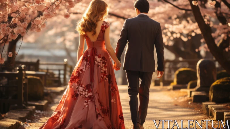 Romantic Stroll Under Cherry Blossoms: A Celebration of Love and Elegance AI Image