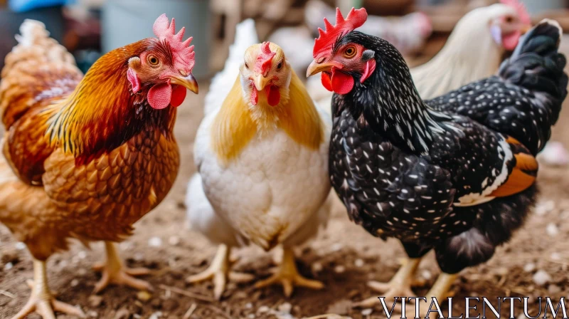 Three Chickens of Different Breeds Standing on Ground AI Image