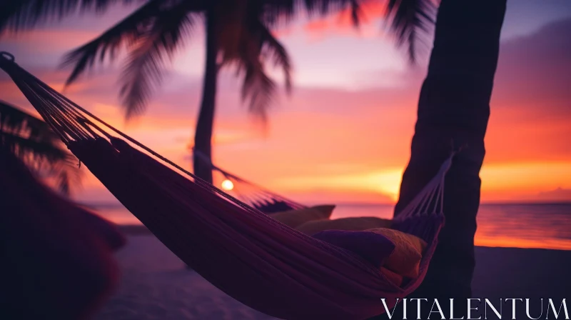 Tranquil Sunset Scene: Hammock on a Tropical Beach AI Image