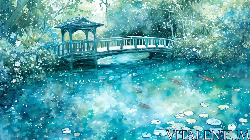 AI ART Tranquil Watercolor Painting of a Bridge Over a Pond