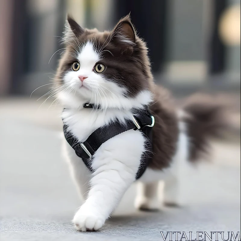 Cute Kitten with Black Harness Walking AI Image