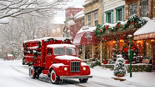 Winter Wonderland Street with Decorated Red Truck