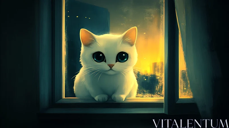 AI ART Cute White Cat with Cityscape at Night