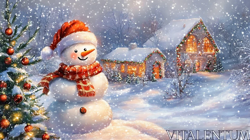 Winter Snowman and Holiday Decorated House AI Image