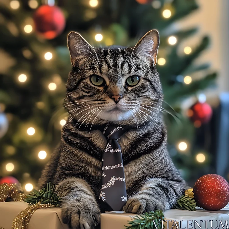 Cat with Tie by Christmas Decorations AI Image