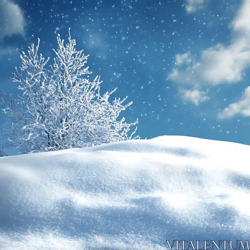 Serene Snowy Scenery with Falling Snowflakes AI Image