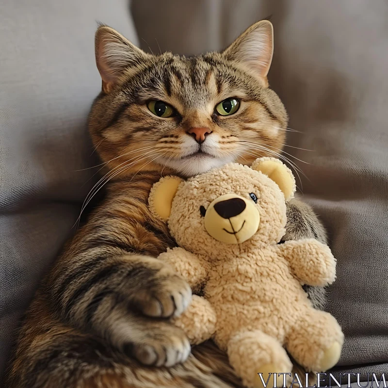 Tabby Cat Relaxing with a Small Toy AI Image