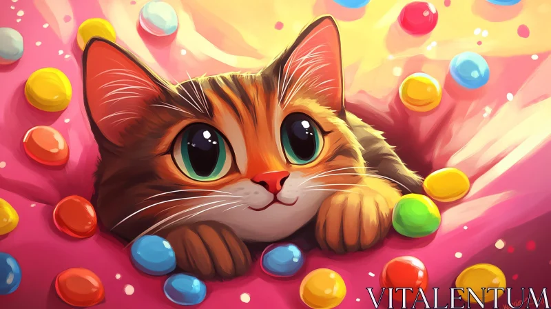 AI ART Cute Kitten in a Sea of Vibrant Gumballs