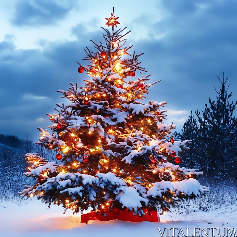 Sparkling Christmas Tree Decorated in Winter Wonderland AI Image