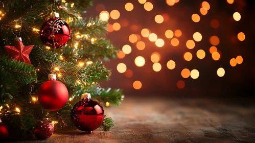 Festive Christmas Tree with Red Baubles and Twinkling Lights