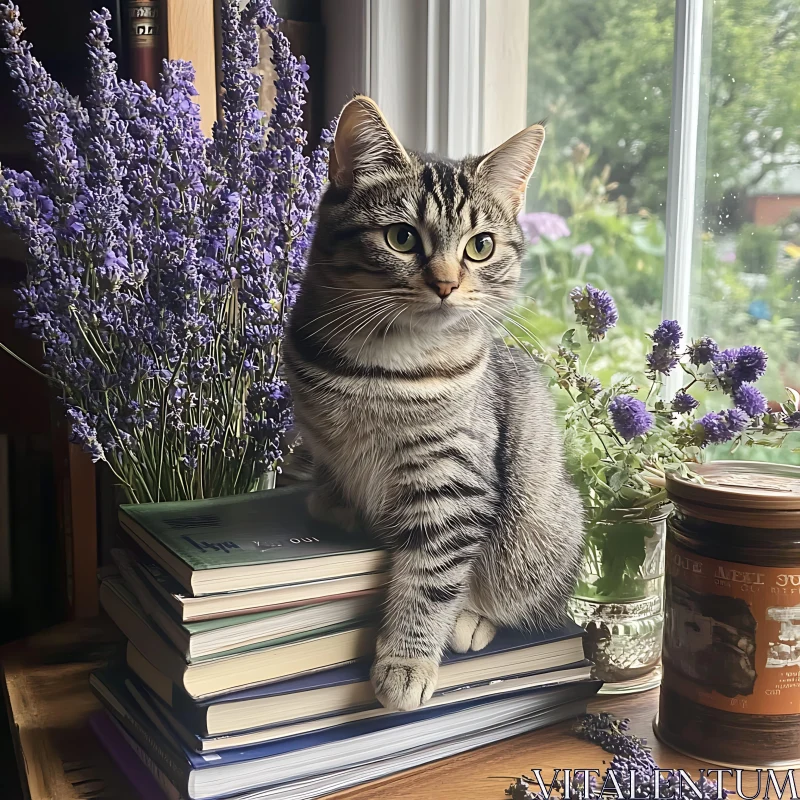 Tranquil Scene of Cat by the Window with Books and Lavender AI Image