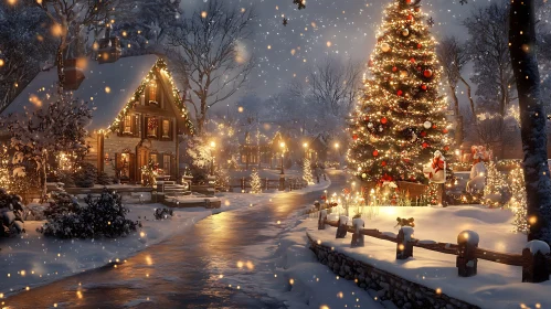 Magical Snowy Holiday Scene with Decorated Tree and Lights