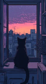 Cat at Sunset Window View