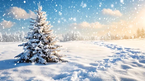 Peaceful Winter Scene with Snow-Kissed Evergreen Tree