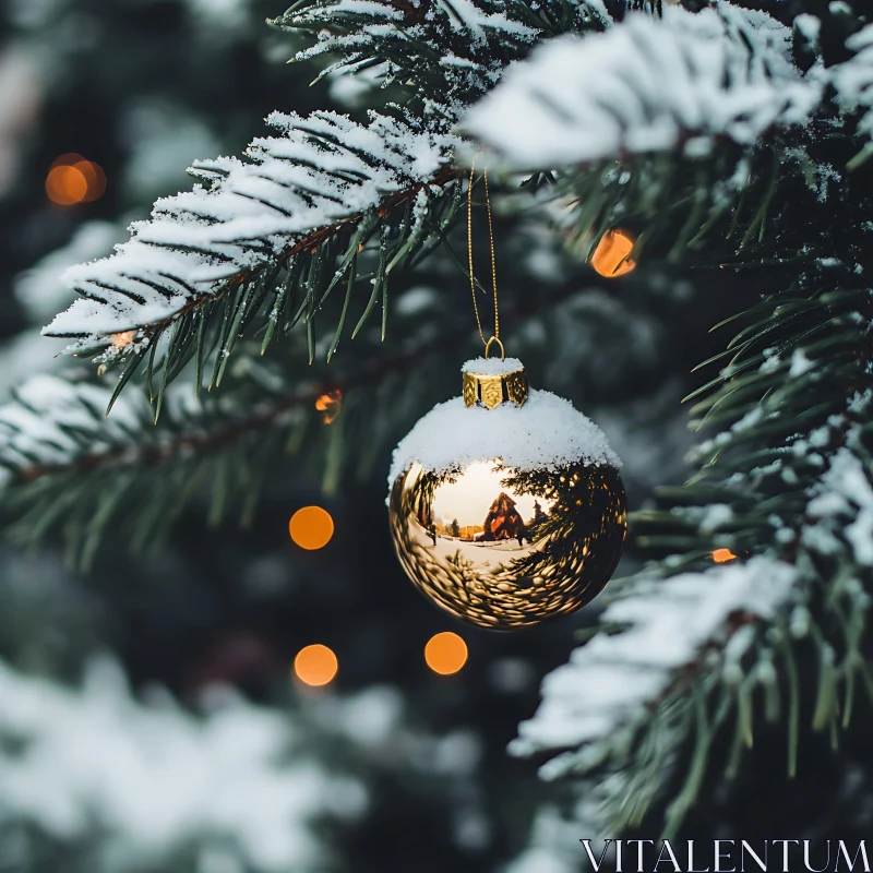 Festive Golden Ornament on Winter Tree AI Image