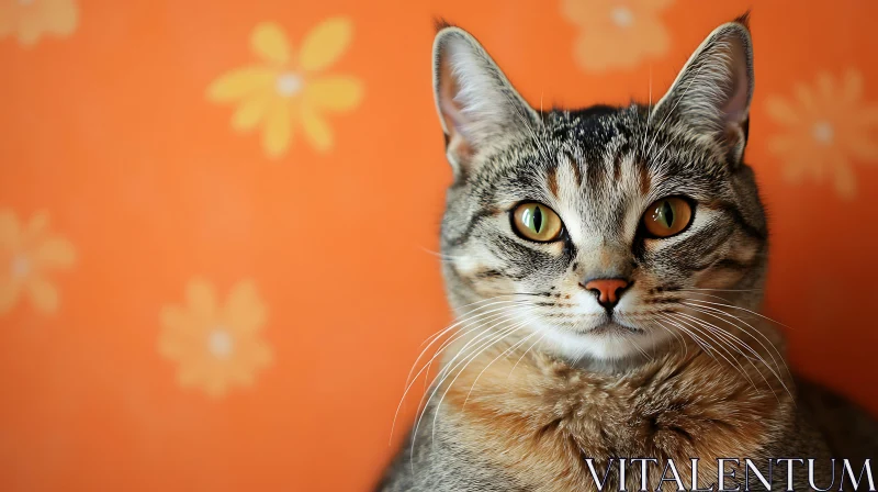 AI ART Tabby Cat Portrait Against Floral Orange Background