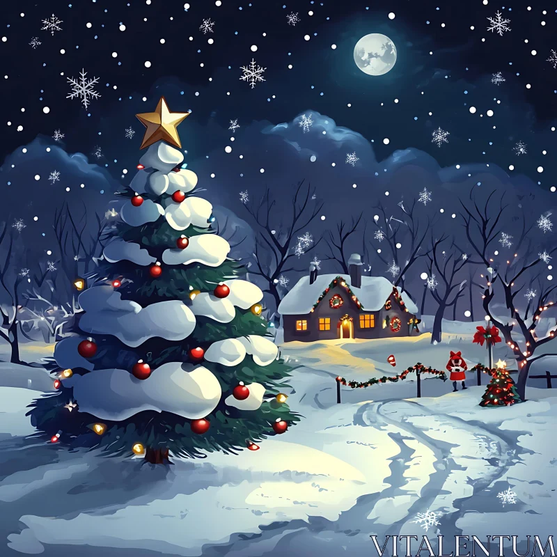 Magical Christmas Night with Moonlight and Snow AI Image