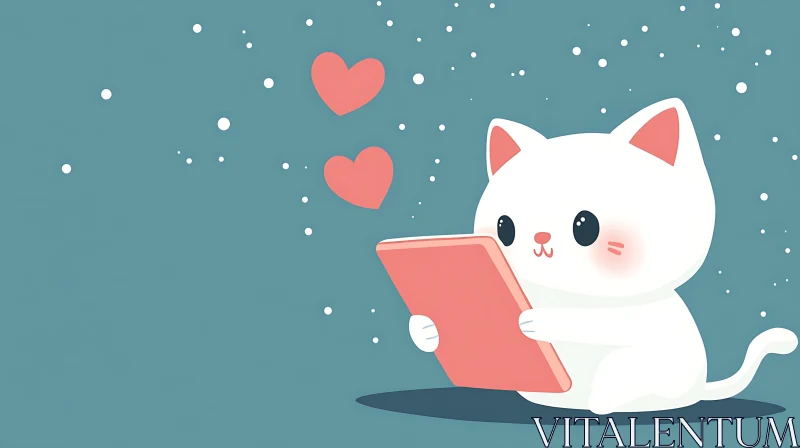 AI ART Adorable Digital Art of Cat with Tablet and Hearts