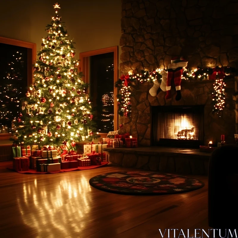 Warm Christmas Scene with Tree and Fireplace AI Image