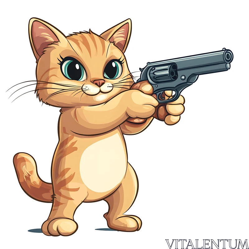 Adorable Orange Cat with a Gun in Cartoon Style AI Image