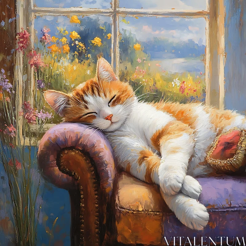 Peaceful Cat Sleeping in a Cozy Interior AI Image