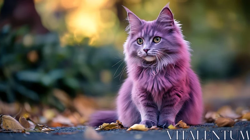 Vibrant Purple Feline Among Autumn Leaves AI Image