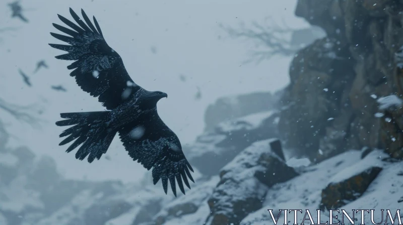 Black Eagle in Flight: Captivating Snowy Mountain Landscape AI Image