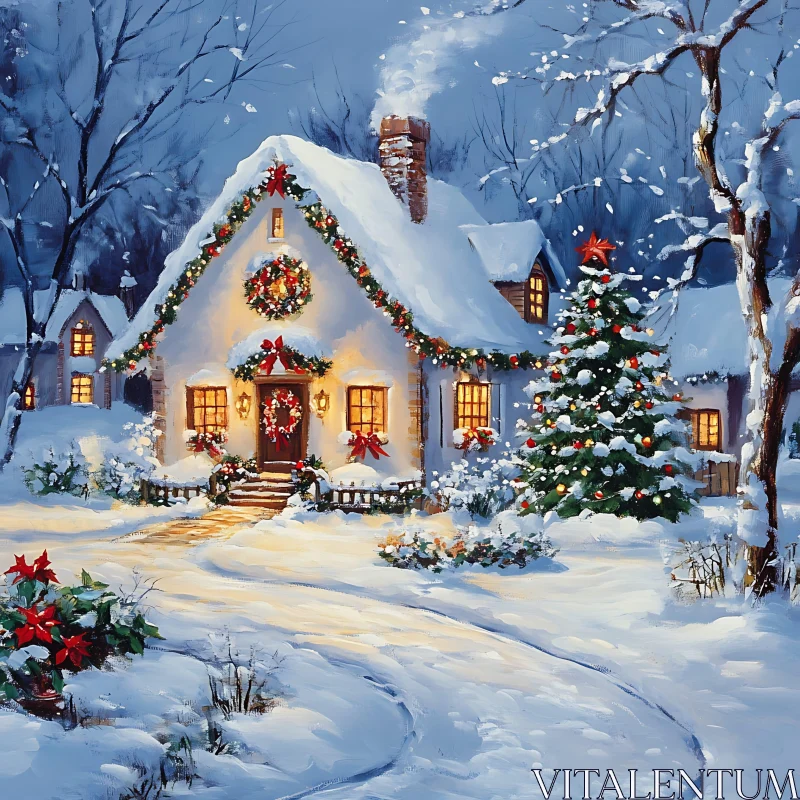 Festive Holiday Cottage in Snow AI Image