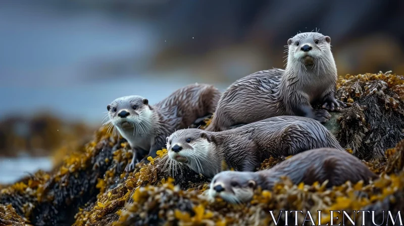 Captivating Encounter with Wild Otters on Seaweed-Covered Rock AI Image