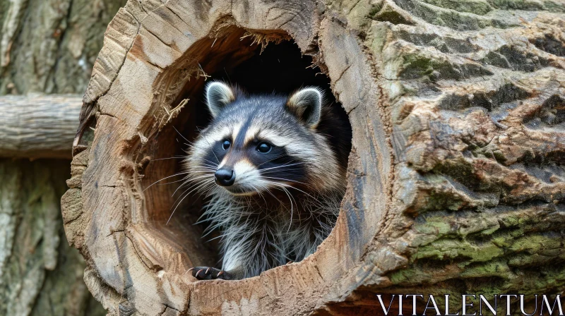 Curious Raccoon Peeking from Tree Trunk - Wildlife Photography AI Image