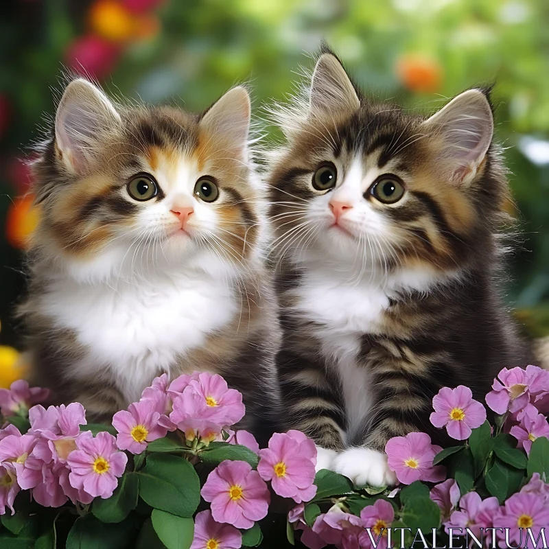 Fluffy Kittens in a Lush Garden AI Image