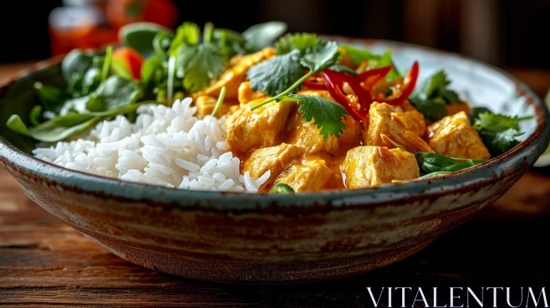 Delicious and Healthy Meal: White Rice, Chicken Curry, and Fresh Vegetables AI Image