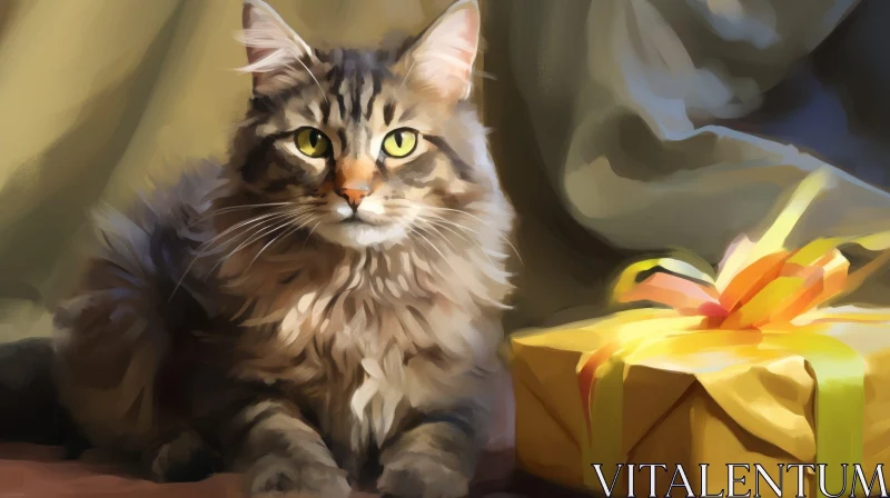 AI ART Fluffy Cat with Green Eyes and Gift Box - Curious Expression