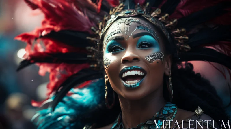 Joyful Carnival Woman in Vibrant Makeup and Feathers AI Image
