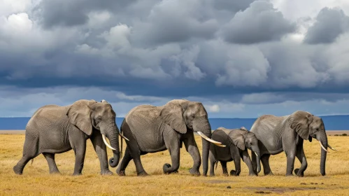Majestic African Elephant Family Walking Across the Savannah