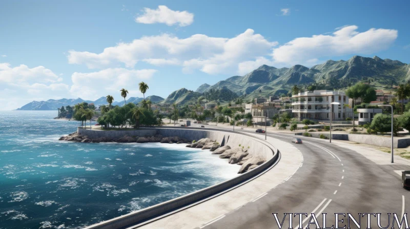 Ocean View with City: Detailed Architecture and Mountainous Vistas AI Image