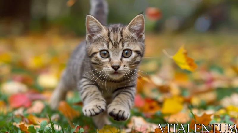 AI ART Playful Tabby Kitten Amidst Autumn Leaves