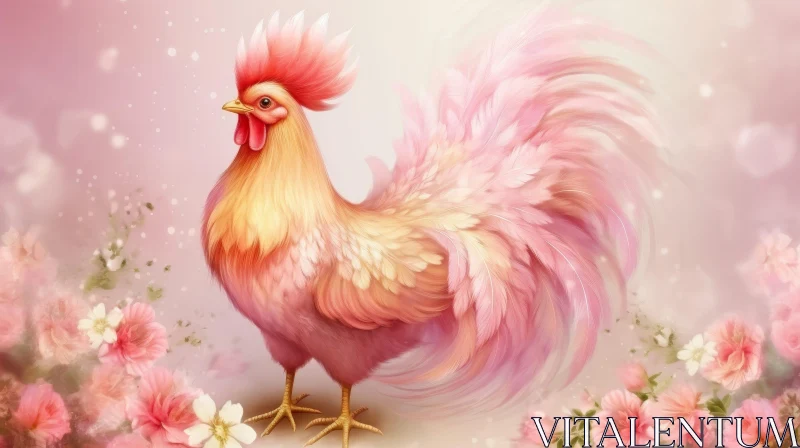 Rooster Watercolor Painting with Pink Flowers AI Image