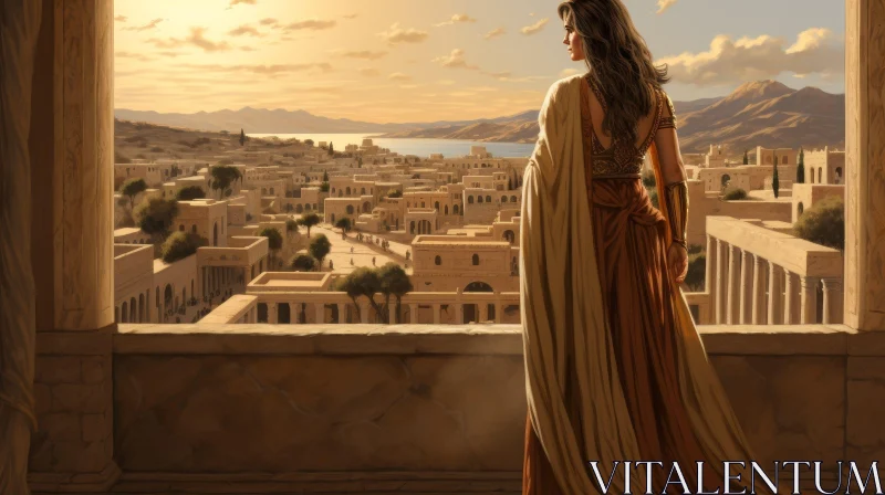 Woman on Balcony Overlooking Ancient City AI Image