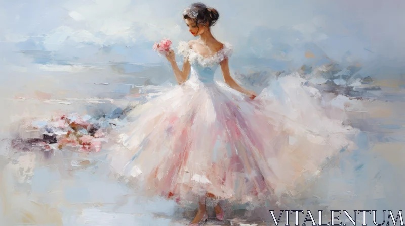 Woman with Pink Roses on Beach Painting AI Image
