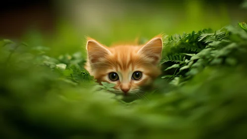 Ginger Kitten Hidden in Green Leaves