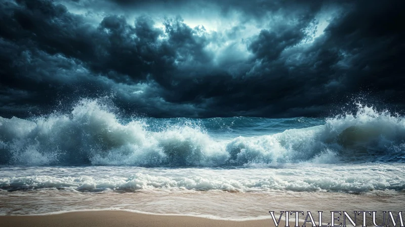 AI ART Intense Ocean Waves Under Dark Storm Clouds