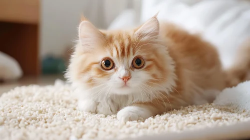 Cute Kitten Relaxing on White Carpet