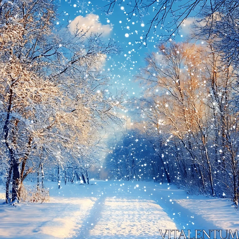 Snowy Forest Pathway on a Clear Winter Day AI Image